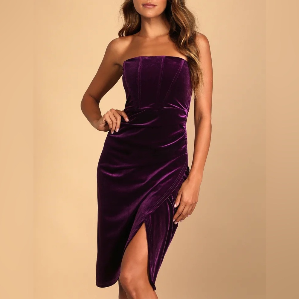 Glamorous Celebrations Dark Purple Velvet Strapless Tulip Dress
